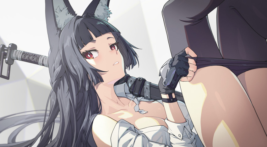 1girl, absurdres, animal_ears, black_gloves, black_hair, black_skirt, blunt_bangs, breasts