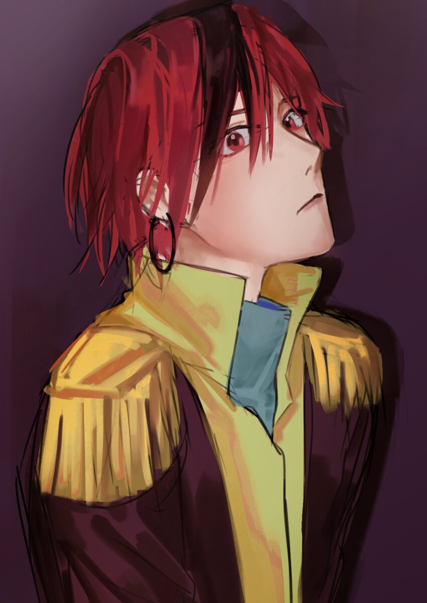 1boy, closed_mouth, coat, commentary_request, earrings, epaulettes, hair_between_eyes, high_collar, highres, jewelry, korean_commentary, male_focus, nl_nj, poivre_meilleur, purple_background, red_eyes, red_hair, short_hair, simple_background, solo, sugar_sugar_rune, turtleneck, upper_body