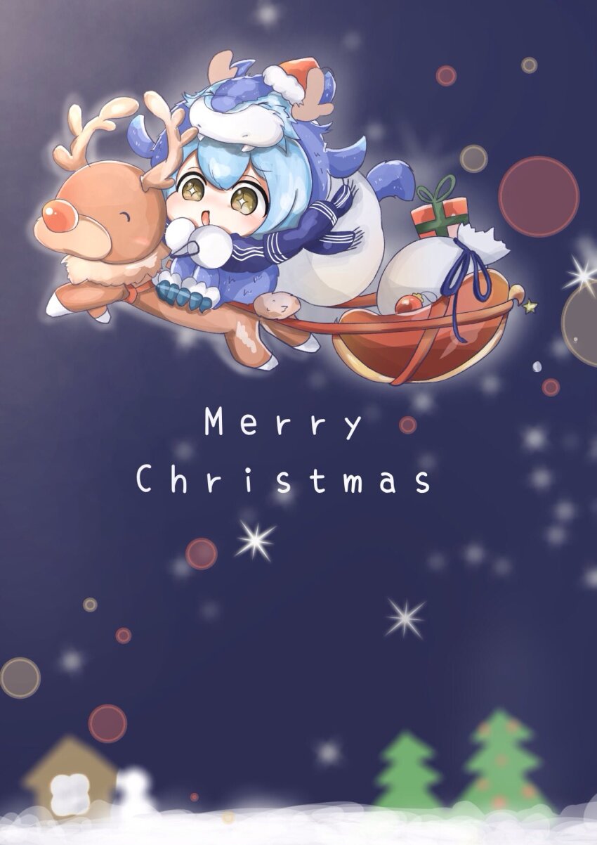 1girl, bag, blue_hair, character_costume, chibi, christmas, dragon_girl, dragonmaid_nudyarl