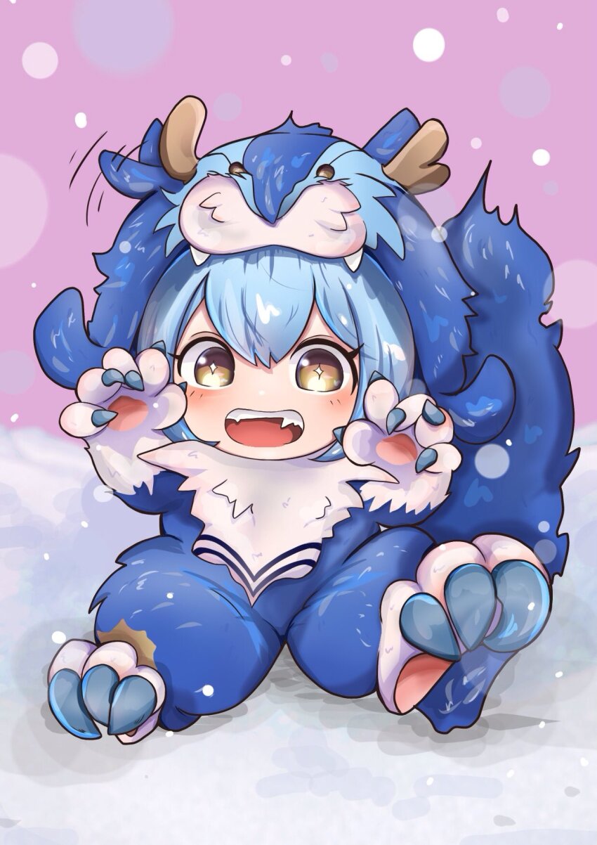 1girl, blue_hair, character_costume, chibi, claw_pose, claws, dragon_girl, dragon_horn