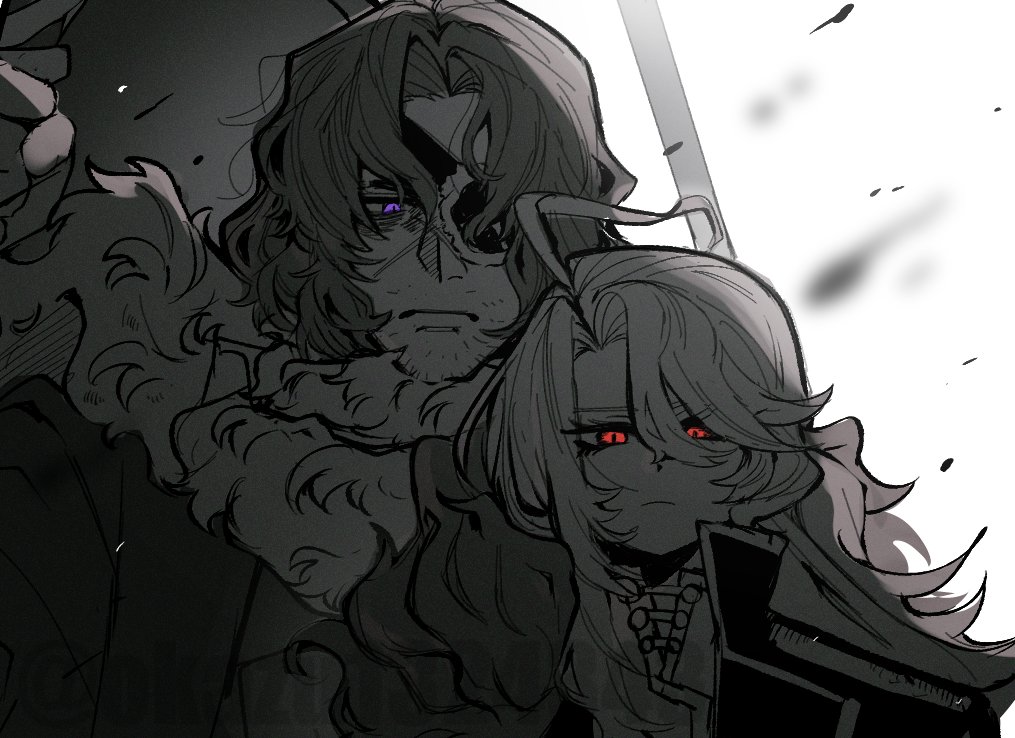 1boy, 1girl, ahoge, coat, commentary, don_quixote_(project_moon), eyepatch, feather_boa