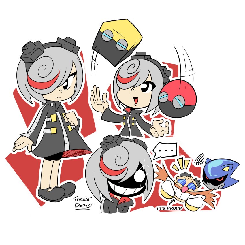 1girl, 4boys, :d, absurdres, black_dress, black_pants, blue-tinted_eyewear, brown_facial_hair, cubot, dr._eggman, dress, facial_hair, glasses, highres, long_sleeves, mary_janes, metal_sonic, multiple_boys, open_mouth, orbot, pants, red_hair, sage_(sonic), shoes, smile, sonic_(series), tinted_eyewear, uncle_forest, white_hair