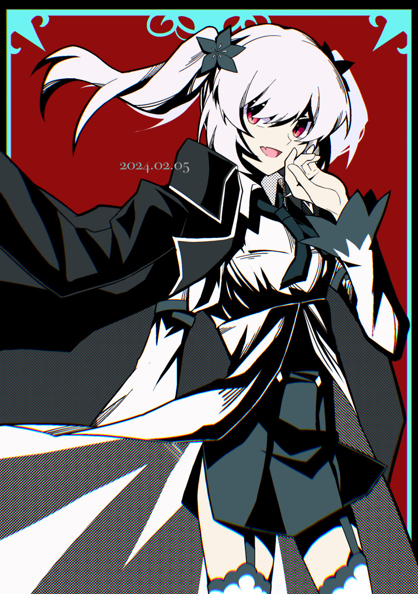 1girl, 2024, absurdres, arcaea, black_coat, coat, dated, eternalcompass, highres, ilith_(arcaea), long_sleeves, looking_at_viewer, open_mouth, orange_eyes, red_background, short_twintails, solo, twintails, white_hair