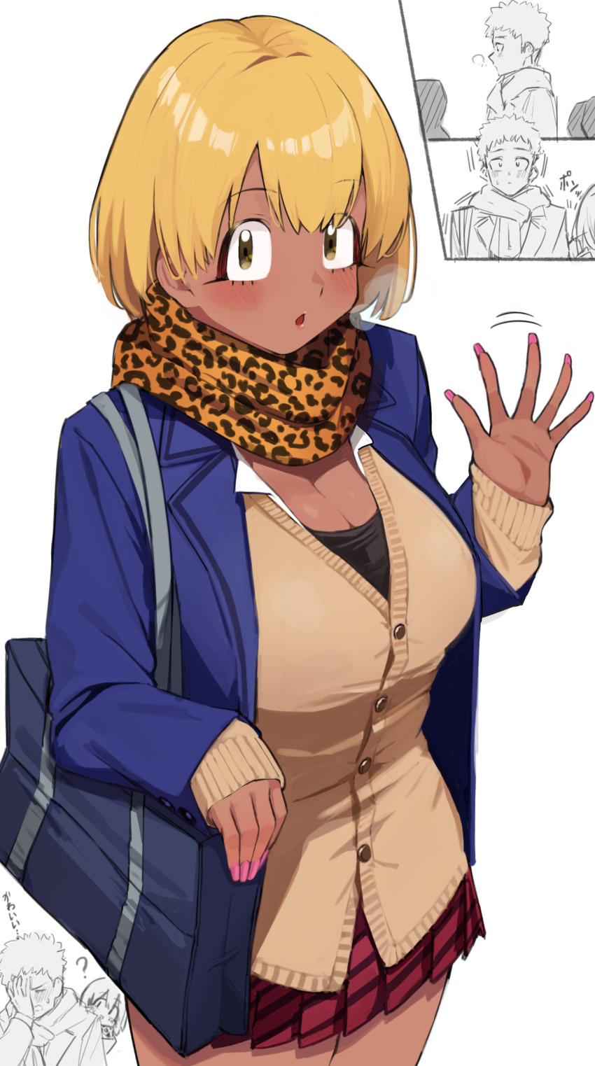 1boy, 1girl, :o, absurdres, animal_print, ayatak0517, bag, blazer