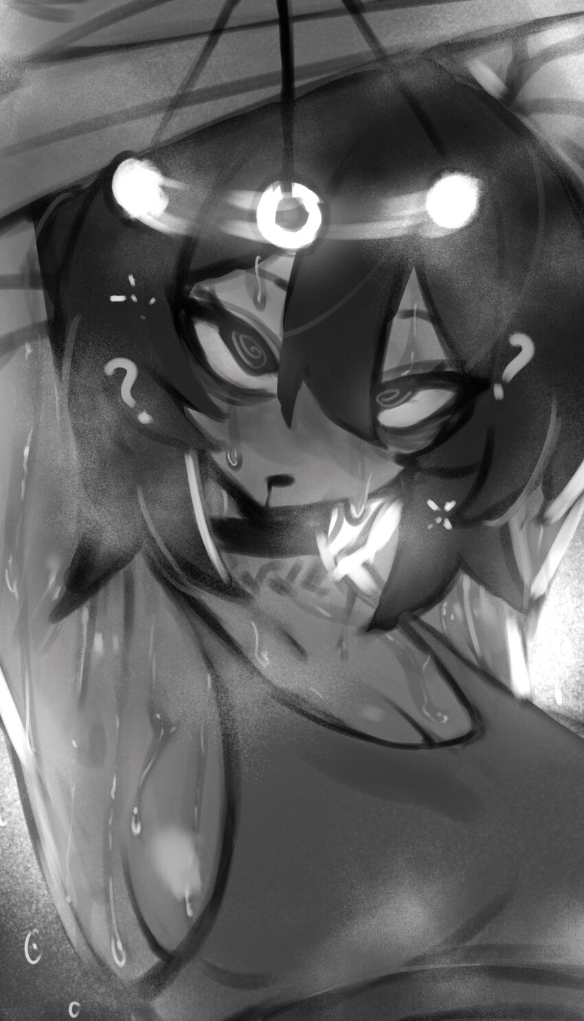 1girl, ?, @_@, absurdres, arm_wrap, armpits, black_choker, black_eyes