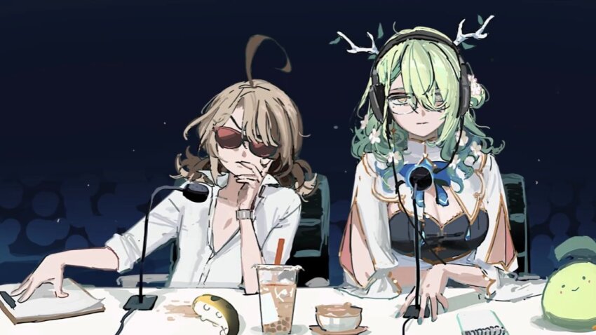 2girls, ahoge, announcer, antlers, arm_cutout, arm_rest, asymmetrical_bangs, bow, bowtie, breasts, brown_hair, bubble_tea, capelet, ceres_fauna, ceres_fauna_(1st_costume), cleavage, clothing_cutout, coffee, collarbone, commission, cup, curly_hair, dark_background, desk, desk_microphone, dress, flower, framed_breasts, gigi_murin, glasses, gold_trim, grem_(gigi_murin), grey_hair, hair_flower, hair_ornament, hair_over_shoulder, hand_on_own_chin, head_tilt, headphones, hololive, hololive_english, horns, indoors, long_sleeves, low_twintails, mole, mole_under_eye, multicolored_hair, multiple_girls, note, partially_unbuttoned, radio_booth, recording_studio, sapling_(ceres_fauna), shirt, short_twintails, sitting, sleeve_rolled_up, stroking_own_chin, suaviterra, sunglasses, teacup, thinking, tree_horns, twintails, two-tone_hair, virtual_youtuber, watch, white_shirt, wide_sleeves, wristwatch, yellow_eyes
