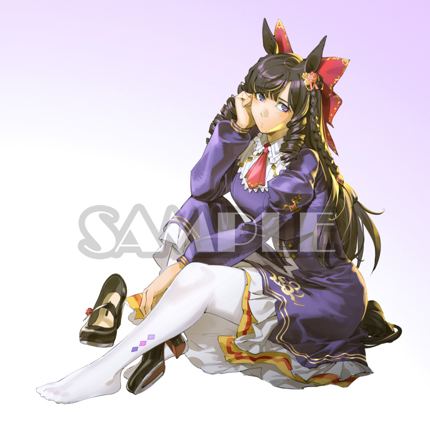 1girl, absurdres, animal_ears, bow, braid, brown_hair, brown_shoes, curly_hair