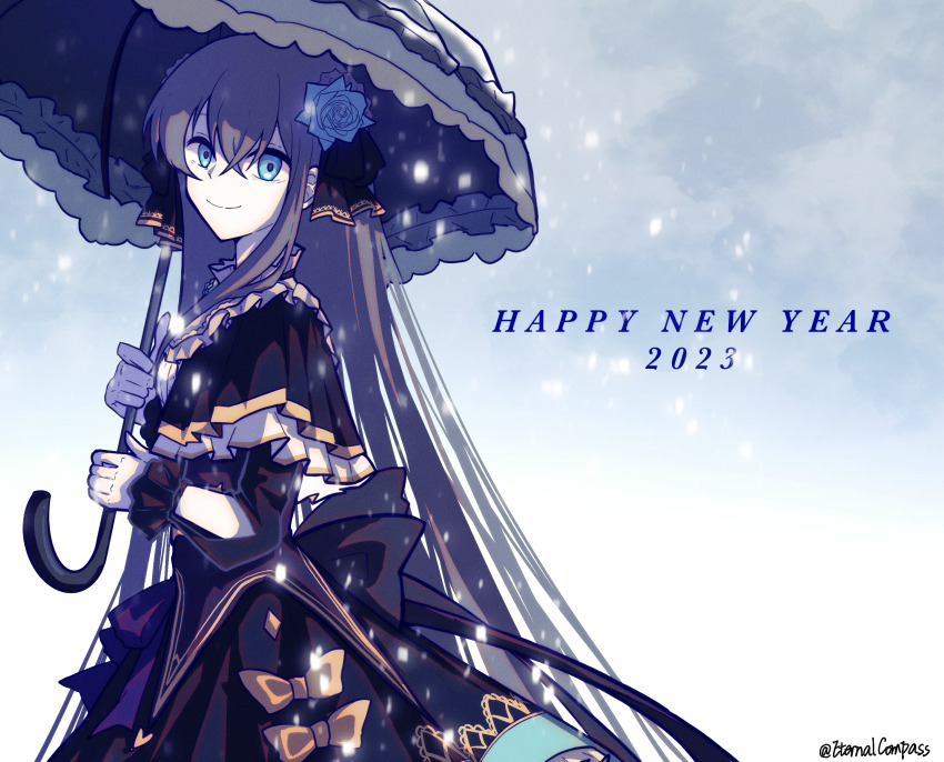 1girl, absurdres, arcaea, black_hair, eternalcompass, happy_new_year, highres, holding, holding_umbrella, long_hair, looking_at_viewer, new_year, parasol, solo, tairitsu_(arcaea), umbrella, very_long_hair