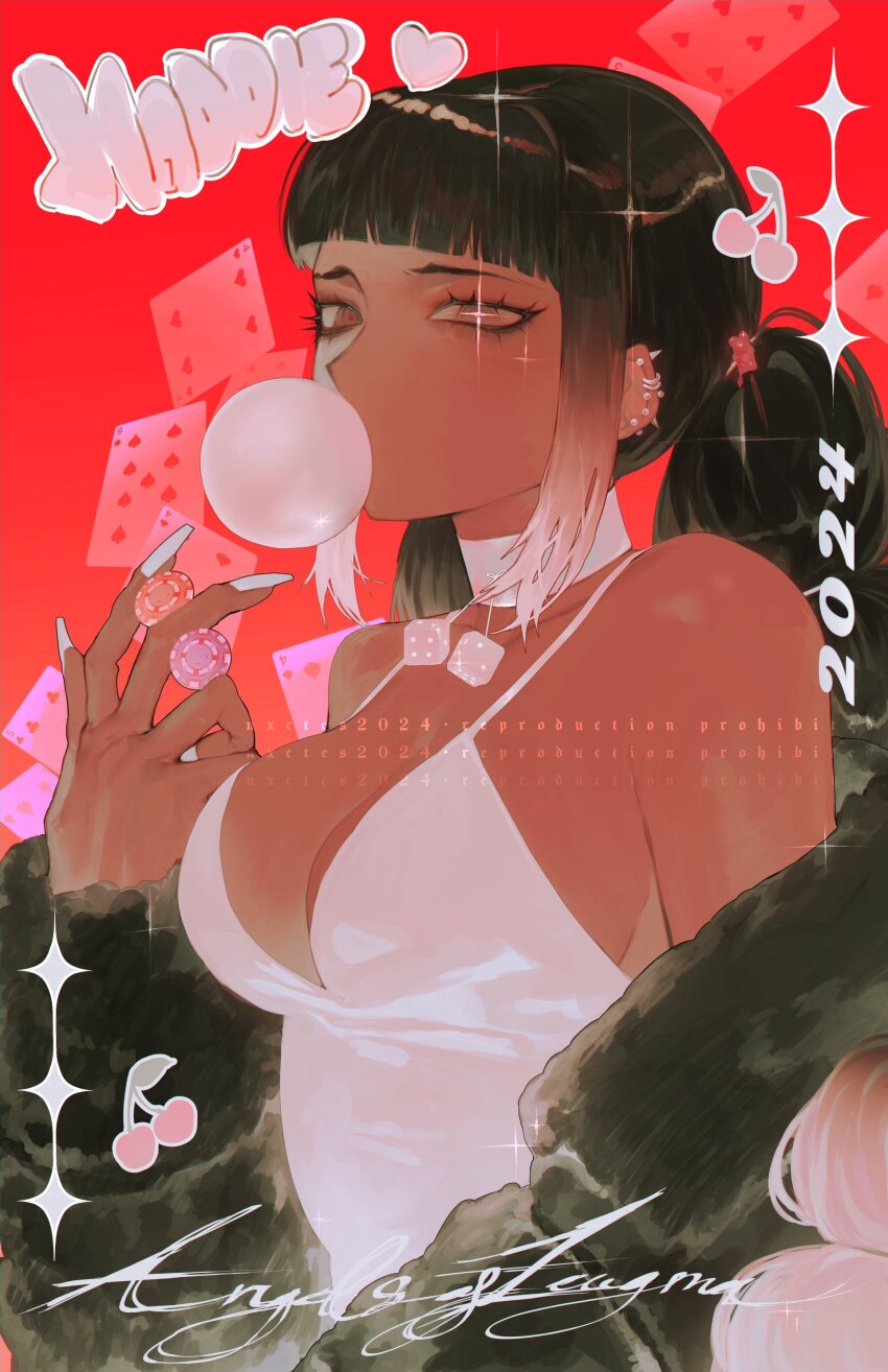 1girl, 2024, 20s, absurdres, bare_shoulders, between_fingers, black_coat, black_hair