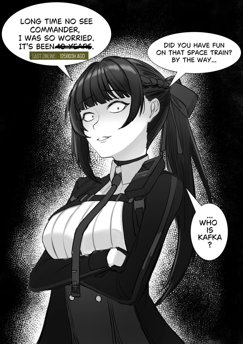 1girl, angry, black_hair, black_jacket, bow, braid, english_text, girls'_frontline, girls'_frontline_2:_exilium, hair_bow, highres, jacket, long_hair, makiatto_(girls'_frontline_2), necktie, shirt, solo, wa2000_(girls'_frontline), white_shirt, yinyun