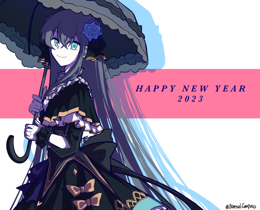 1girl, absurdres, arcaea, black_hair, eternalcompass, happy_new_year, highres, holding