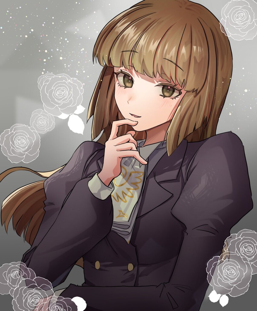 1girl, ascot, black_dress, brown_eyes, brown_hair, dress, floral_background, flower