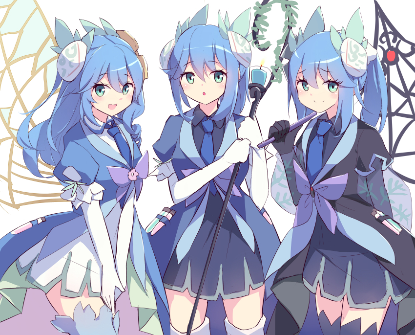 3girls, absurdres, aromage_rosemary, aromalilith_rosemary, aromaseraphy_rosemary, blue_bow, blue_bowtie, blue_hair