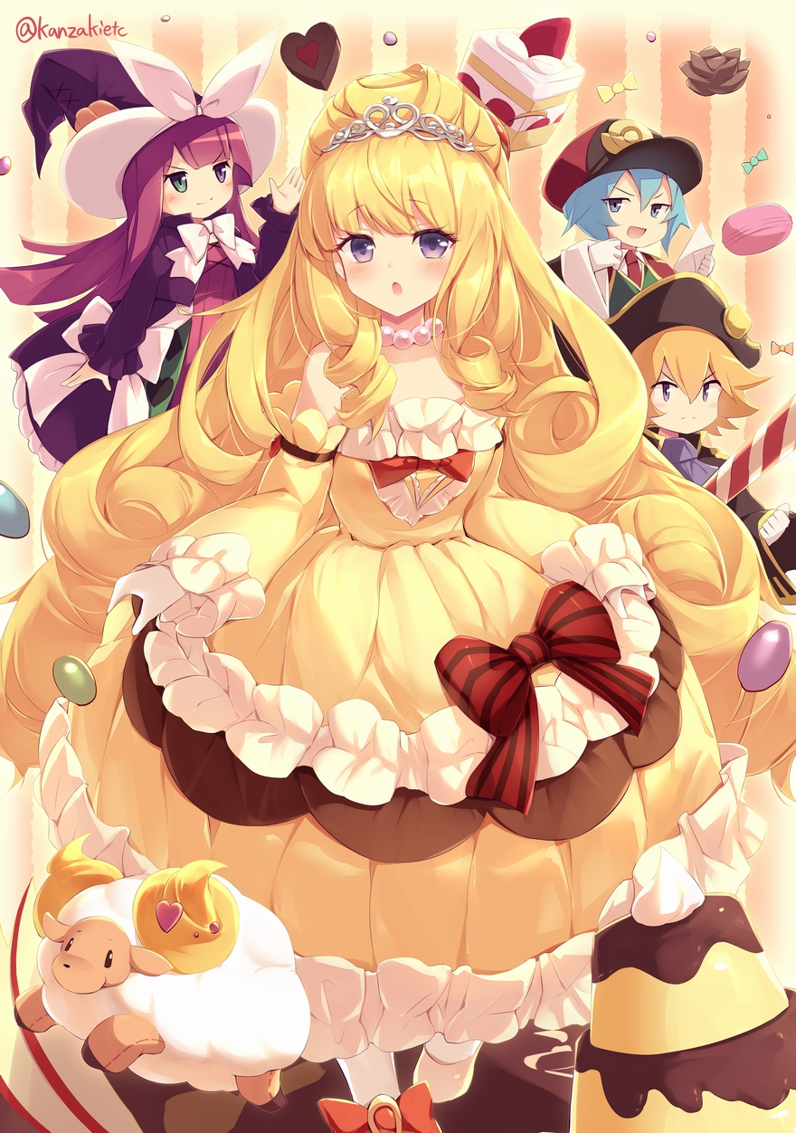 blonde_hair, blue_hair, cake, chocolate, curly_hair, dress, duel_monster, food, frilled_dress, frills, green_eyes, hat, highres, kanzakietc, long_hair, madolche_baaple, madolche_chouxvalier, madolche_magileine, madolche_puddingcess, princess, purple_eyes, purple_hair, smile, tricorne, witch_hat, yu-gi-oh!