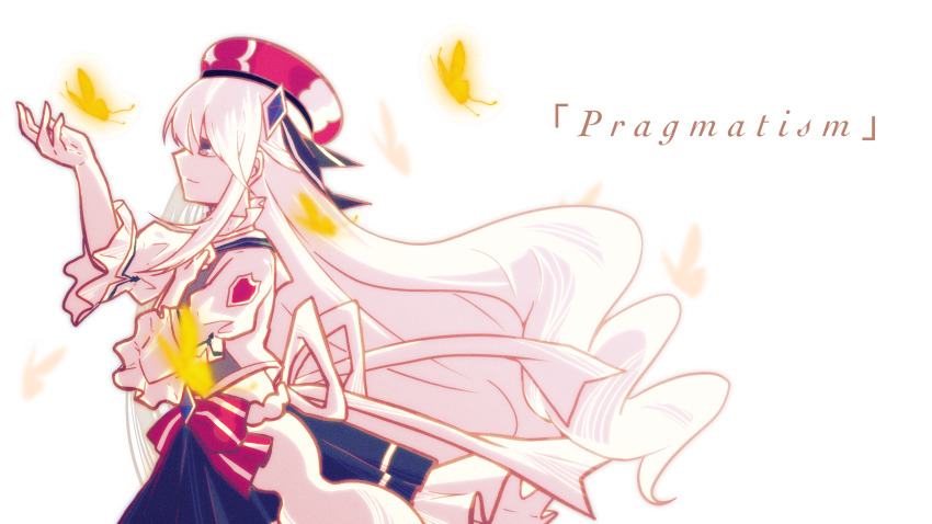 1girl, arcaea, autumn_leaves, beret, dress, english_text, eternalcompass, hat