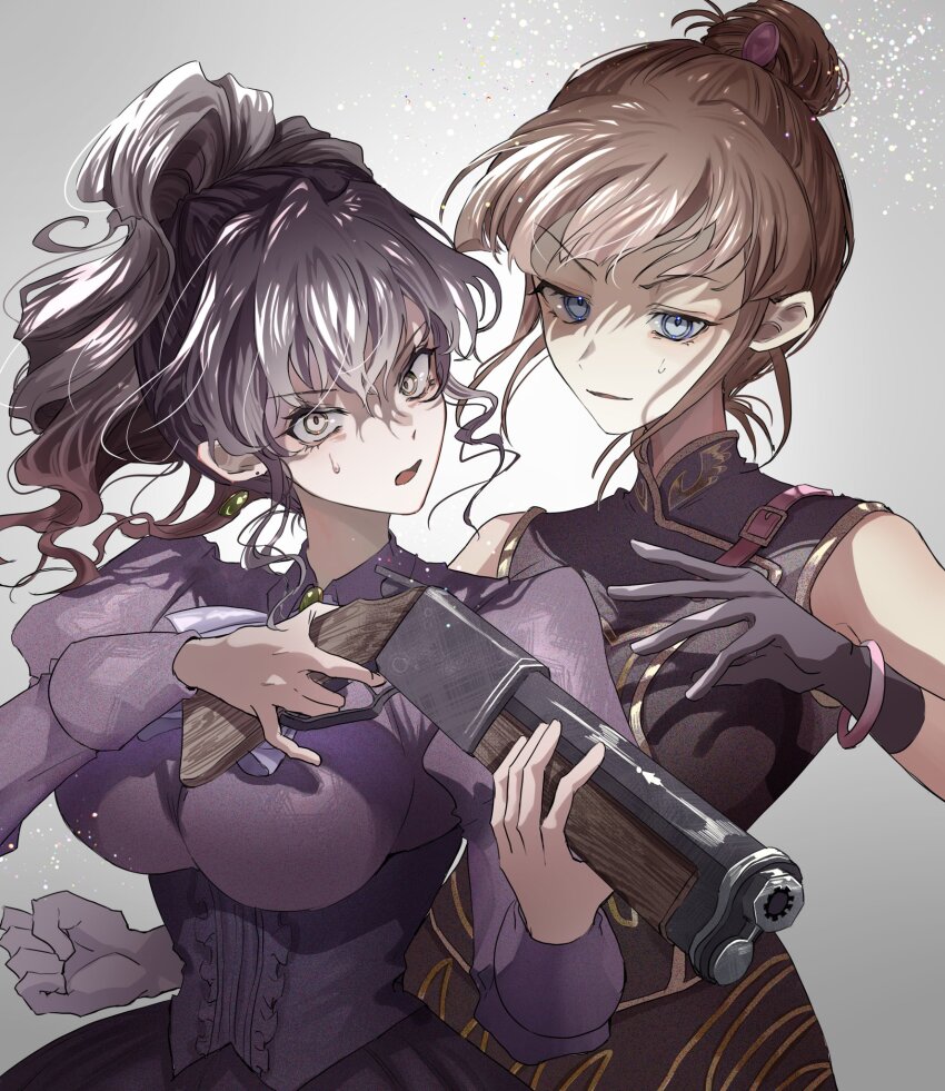 2girls, armlet, ascot, blue_eyes, brown_hair, china_dress, chinese_clothes, dress