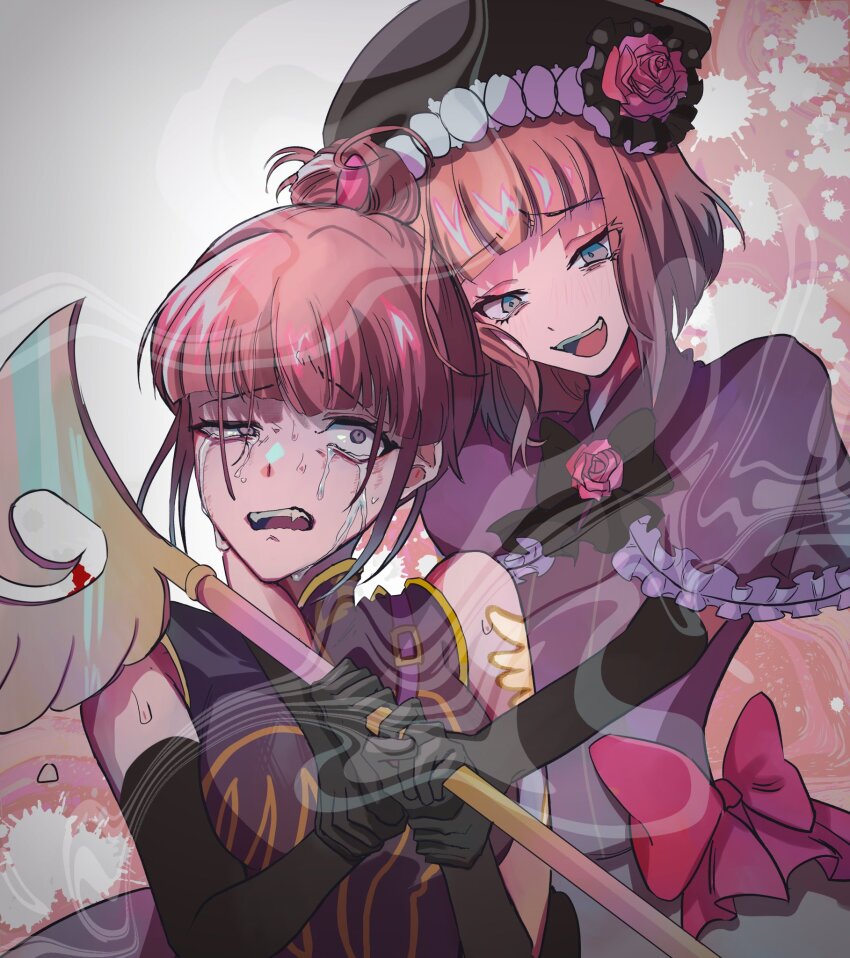 2girls, black_gloves, black_hat, black_ribbon, breasts, brown_hair, child, china_dress