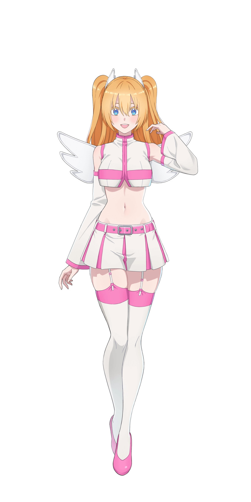 1girl, 2.5_jigen_no_ririsa, 2.5_jigen_no_ririsa_tenshitachi_no_stage, absurdres, adjusting_hair, amano_ririsa, bare_shoulders, belt, blue_eyes, breasts, cosplay, crop_top, detached_sleeves, fake_wings, full_body, garter_straps, hair_between_eyes, hair_ornament, highres, light_blush, liliel_(2.5_jigen_no_ririsa), liliel_(2.5_jigen_no_ririsa)_(cosplay), long_hair, looking_at_viewer, medium_breasts, midriff, multicolored_thighhighs, navel, official_art, open_mouth, orange_hair, pink_belt, pink_shirt, pink_shoes, pink_skirt, pink_thighhighs, pleated_skirt, shirt, shoes, simple_background, skirt, sleeveless, sleeveless_shirt, smile, solo, stomach, straight-on, tachi-e, thighhighs, transparent_background, two-tone_shirt, two-tone_skirt, two-tone_thighhighs, two_side_up, webp-to-png_conversion, white_garter_straps, white_shirt, white_skirt, white_sleeves, white_thighhighs, white_wings, wing_hair_ornament, wings, zettai_ryouiki