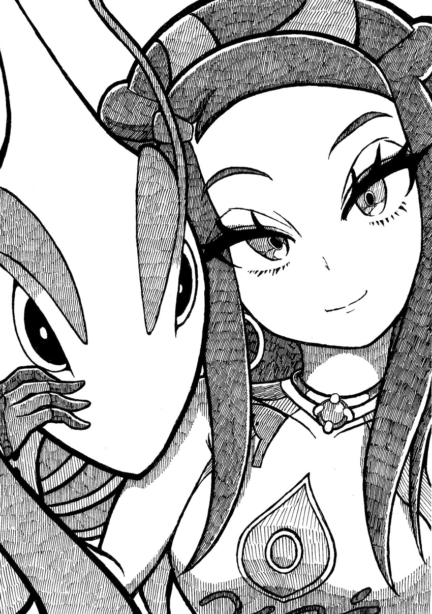 1girl, absurdres, closed_mouth, eyelashes, gen_3_pokemon, greyscale, hatching_(texture), highres, long_hair, milotic, monochrome, music_hour, nessa_(pokemon), nintendo, pokemon, pokemon_(creature), pokemon_sword_and_shield, simple_background, smile, traditional_media, white_background