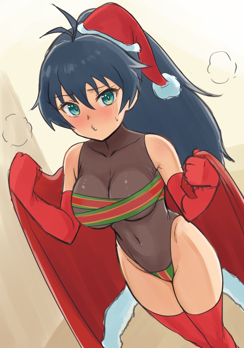 1girl, akiyama_jomu, antenna_hair, bare_shoulders, black_hair, blush, breasts, cape