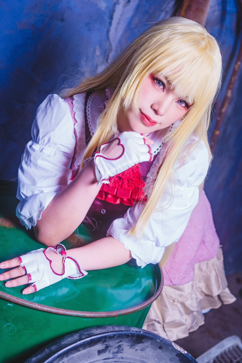 1girl, blonde_hair, blue_eyes, cosplay, cosplay_photo, dress, emilie_de_rochefort, emilie_de_rochefort_(cosplay)