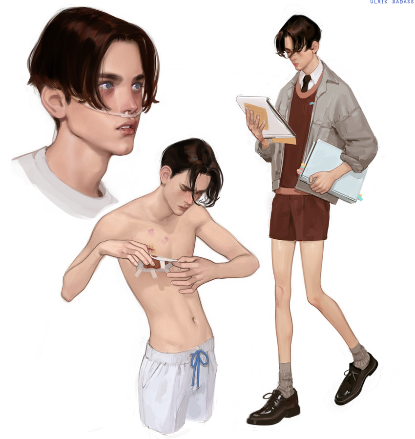 1boy, artist_name, black_necktie, blue_eyes, brown_hair, brown_shorts, collarbone, cropped_legs, highres, injury, jacket, looking_down, male_focus, multiple_views, navel, necktie, open_clothes, open_jacket, parted_lips, reggie_(rustfiends), rustfiends, shirt, short_hair, shorts, simple_background, stitches, topless_male, ulrikbadass, white_background, white_shirt