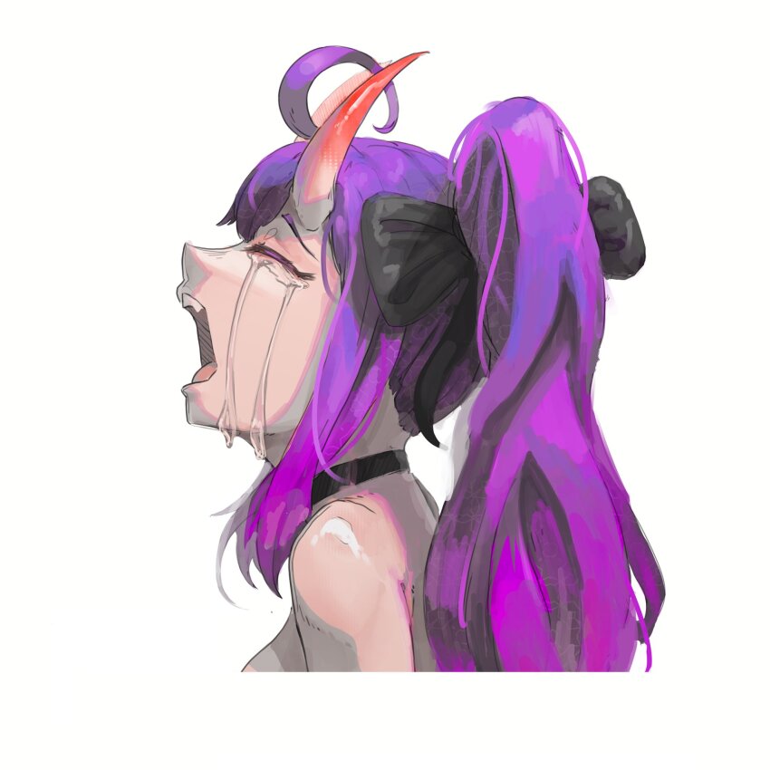 1girl, 2024, ahoge, artist_request, choker, crying, highres, horns