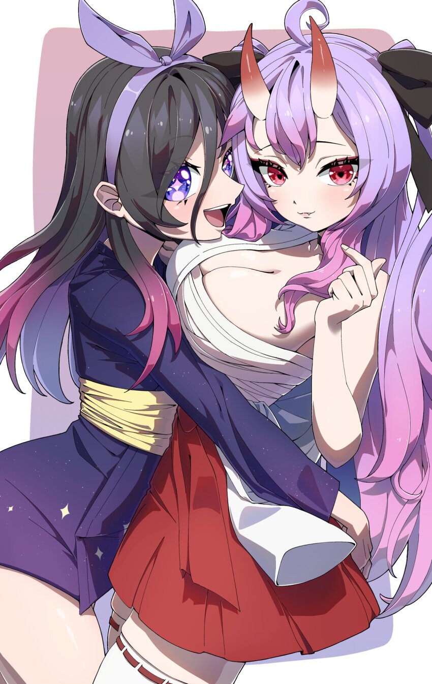 2girls, ahoge, alice_hoshihime, artist_request, black_hair, breasts, chest_wrap, cleavage
