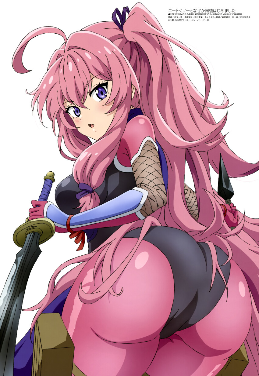 1girl, absurdres, ahoge, ass, black_leotard, blue_eyes, blush, bodysuit, breasts, hair_ribbon, highres, holding, holding_sword, holding_weapon, huge_ahoge, huge_ass, ideura_shizuri, ideura_shizuri_(neet_kunoichi), katana, kunai, large_breasts, leotard, long_hair, looking_at_viewer, looking_back, low-tied_sidelocks, magazine_scan, megami_magazine, neet_de_otaku_na_kunoichi_to_naze_ka_dousei_hajimemashita, ninja, official_art, one_side_up, open_mouth, pink_bodysuit, pink_hair, pouch, purple_ribbon, ribbon, scan, sidelocks, simple_background, skin_tight, solo, sword, takemoto_kazuki, thick_thighs, thigh_pouch, thighs, tight_clothes, weapon, white_background