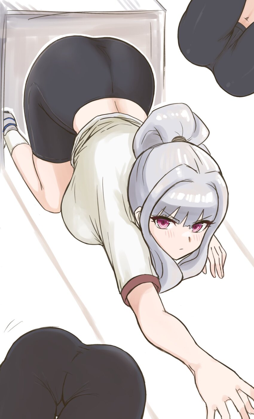 1girl, akiyama_jomu, all_fours, ass, bike_shorts, black_shorts, blush, breasts, closed_mouth, crawling, grey_hair, gym_shirt, highres, idolmaster, idolmaster_(classic), large_breasts, looking_at_viewer, multiple_views, ponytail, purple_eyes, shijou_takane, shirt, shoes, short_sleeves, shorts, sidelocks, socks, solo_focus, white_background, white_shirt