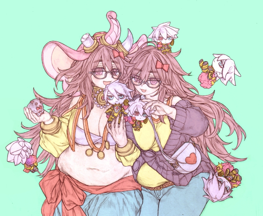2girls, bag, belly, belt, black-framed_eyewear, black_cardigan, blue_pants, bow, breasts, broken_tusk, brown_belt, brown_eyes, cardigan, character_doll, commentary_request, denim, doll, dual_persona, earrings, elephant_hat, fat, fat_woman, fate/extra, fate/extra_ccc, fate/grand_order, fate_(series), ganesha_(fate), glasses, hair_bow, handbag, highres, holding, holding_doll, jeans, jewelry, jinako_carigiri, kanyobu, karna_(fate), large_breasts, multiple_girls, navel, off_shoulder, open_mouth, pants, single_earring, smile, tank_top, yellow_tank_top