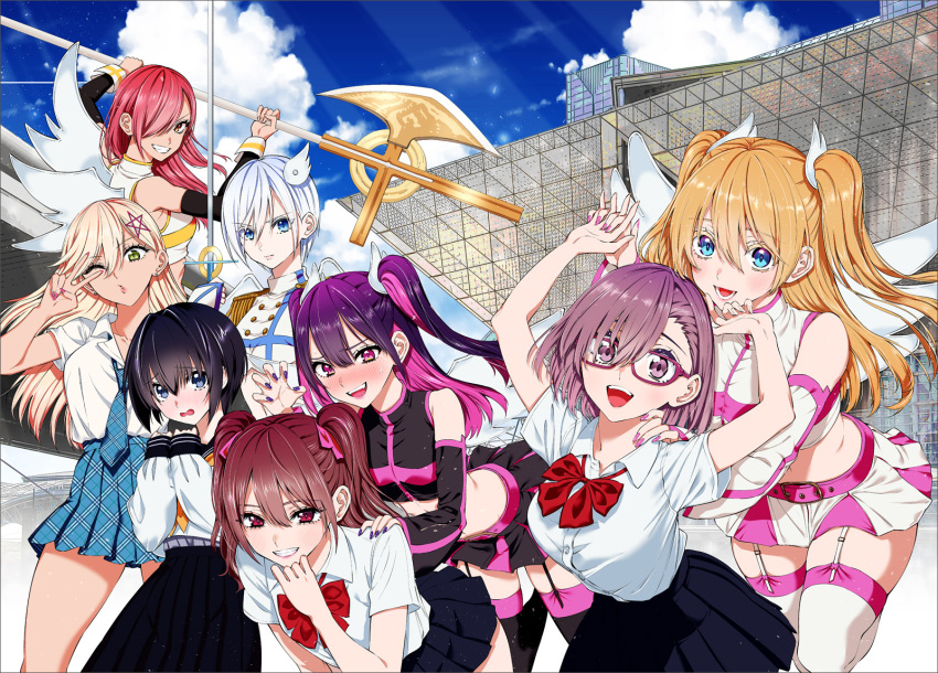 2.5_jigen_no_ririsa, 6+girls, amano_ririsa, ariel_(2.5_jigen_no_ririsa), ariel_(2.5_jigen_no_ririsa)_(cosplay), arms_up, artist_request, bare_shoulders