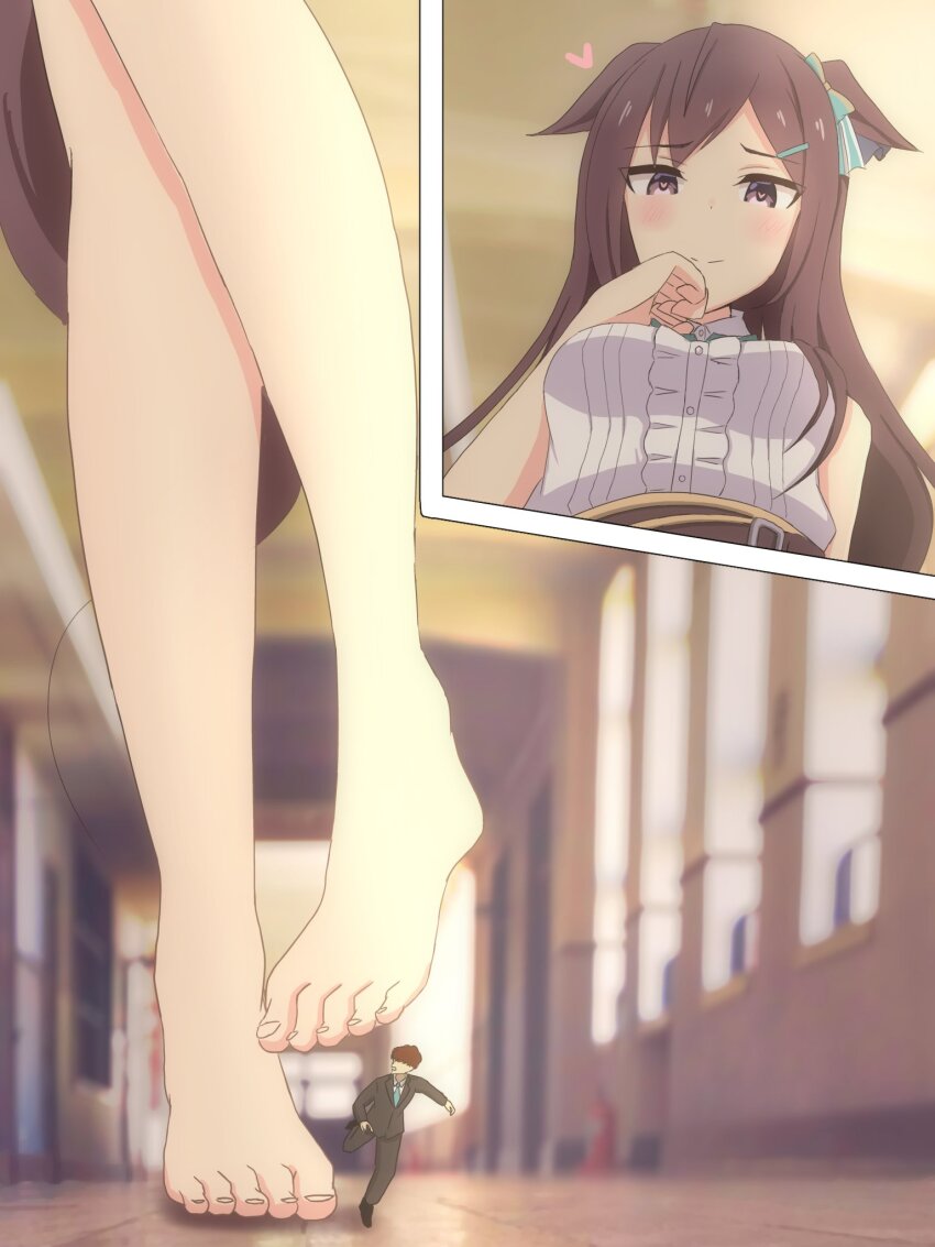 1boy, 1girl, animal_ears, barefoot, brown_hair, center_frills, felleo105, frills