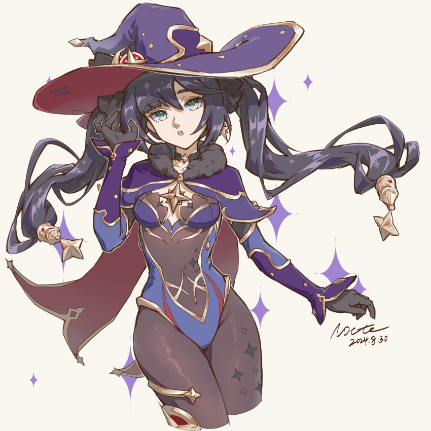1girl, :o, absurdres, artist_name, black_choker, black_gloves, black_hair, black_pantyhose, blue_leotard, bodystocking, breasts, cape, choker, cowboy_shot, cropped_legs, dated, detached_sleeves, enioreh, floating_hair, genshin_impact, gloves, green_eyes, hand_up, hat, highres, leotard, long_hair, looking_at_viewer, medium_breasts, mona_(genshin_impact), pantyhose, red_cape, signature, solo, sparkle, sparkle_print, twintails, very_long_hair, witch_hat, yellow_background