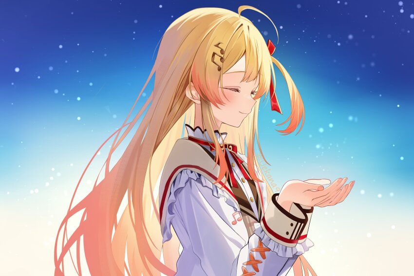 1girl, absurdres, ahoge, blonde_hair, bow, bowtie, brown_sailor_collar, closed_eyes