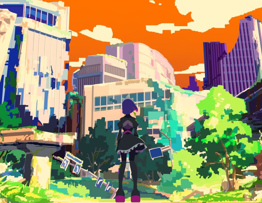 1girl, android, blue_hair, colored_inner_hair, earrings, floating_clothes, floating_hair, hashtag-only_commentary