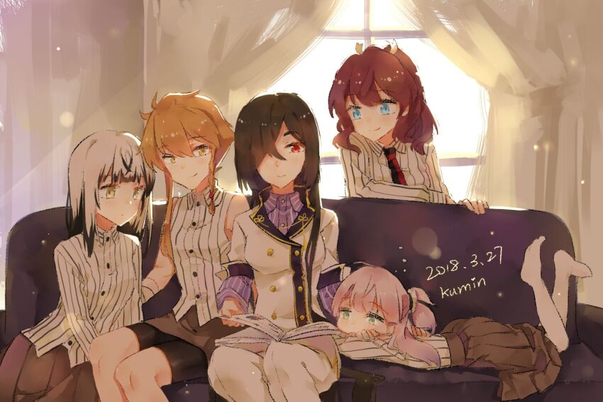 5girls, artist_name, black_hair, black_shorts, blue_eyes, blunt_bangs, book, braid