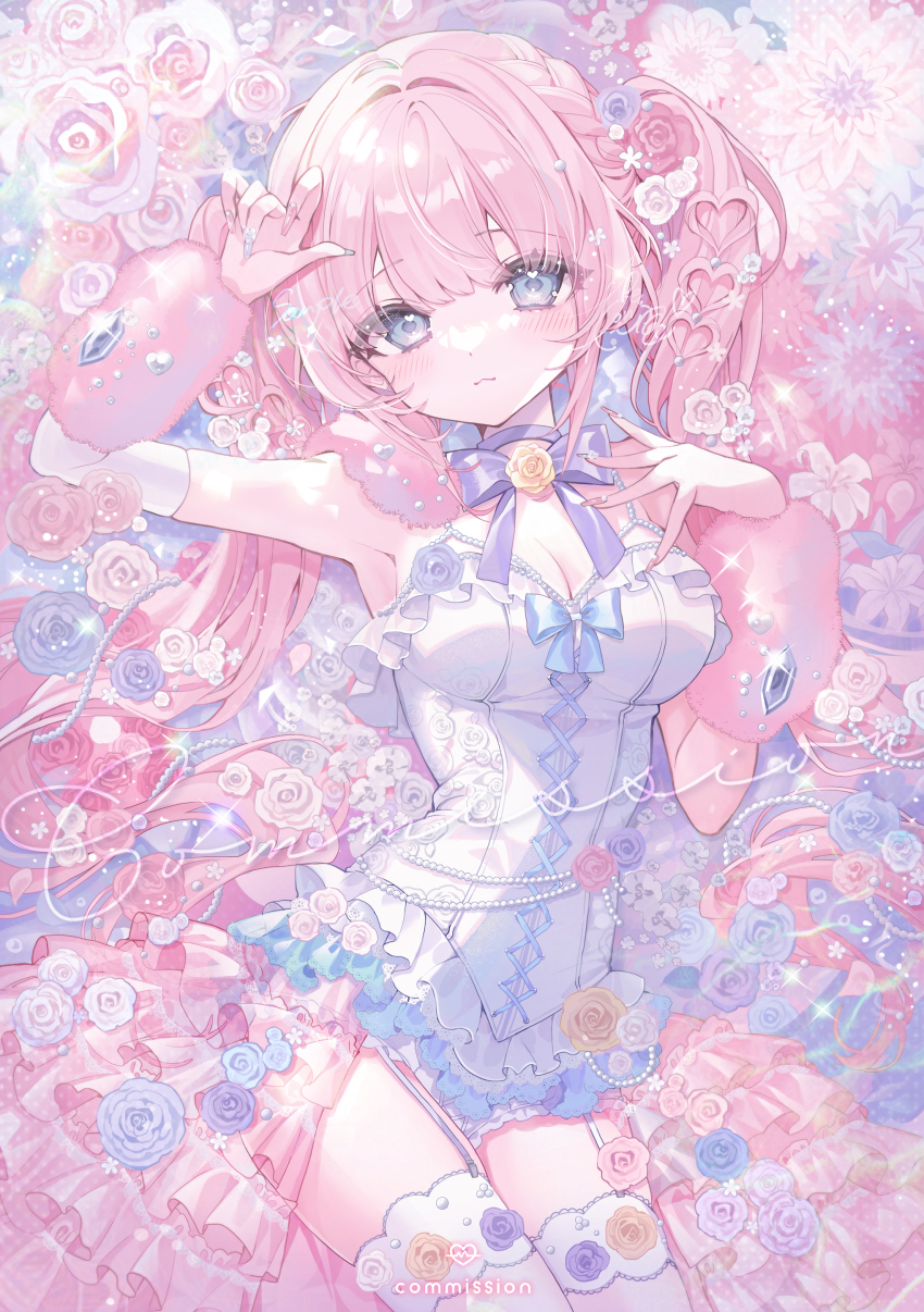 1girl, :3, absurdres, arm_warmers, armpits, blue_bow, blue_flower, blue_rose, blush, bow, bowtie, braid, breasts, choker, commentary_request, commission, detached_sleeves, dress, fingernails, flower, garter_straps, glint, hair_flower, hair_intakes, hair_ornament, heart, heart_in_eye, highres, konpe_itou, lace_trim, large_breasts, long_fingernails, long_hair, looking_at_viewer, nail_art, nail_polish, official_art, oleander, original, pink_arm_warmers, pink_flower, pink_fur, pink_hair, pink_lips, pink_nails, pink_rose, pink_theme, purple_bow, purple_bowtie, purple_choker, purple_eyes, purple_garter_straps, purple_nails, rose, sample_watermark, signature, sleeveless, sleeveless_dress, solo, symbol_in_eye, thighs, twintails, watermark, white_dress, white_flower, white_rose, white_sleeves, yellow_flower, yellow_rose