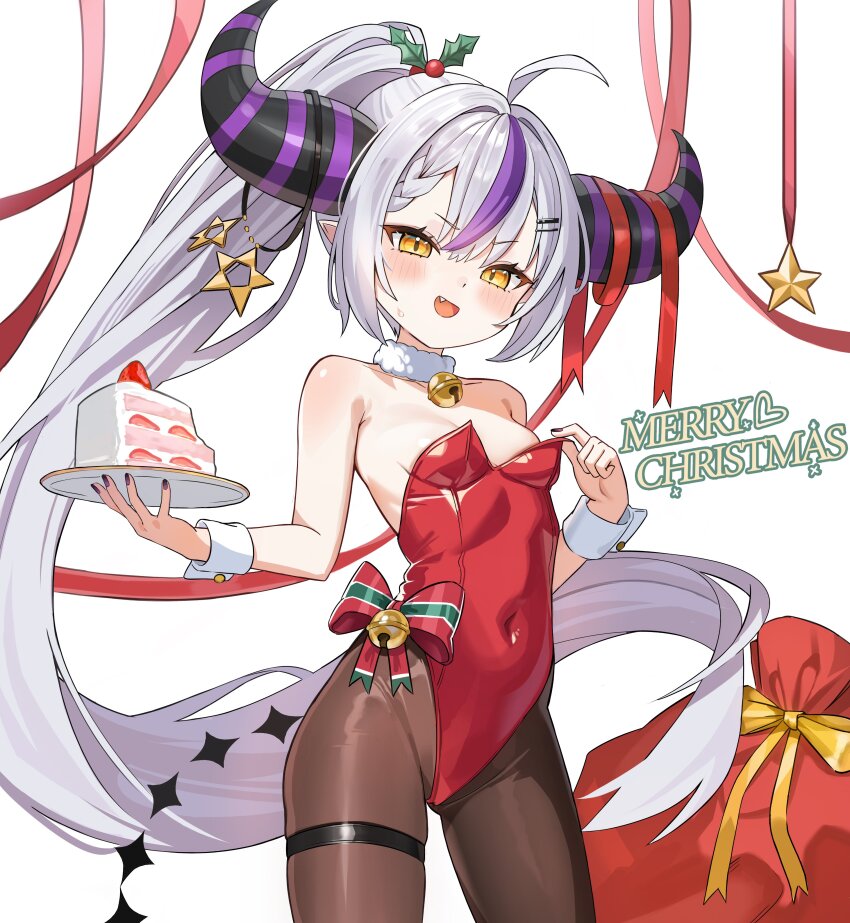 1girl, absurdres, ahoge, alternate_costume, alternate_hairstyle, bare_shoulders, bell, black_horns