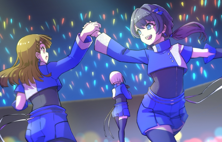 3girls, 3rd_live_tour_try_tri_unity!!!, :d, arms_up, asymmetrical_legwear, black_bodysuit, black_pantyhose, black_thighhighs