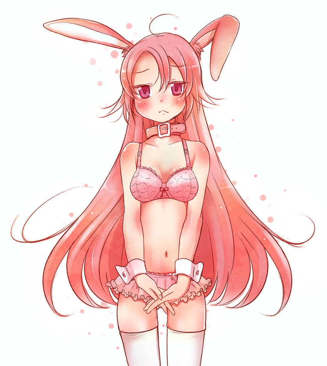 1girl, animal_ears, blush, bra, breasts, collar, female_focus, frown