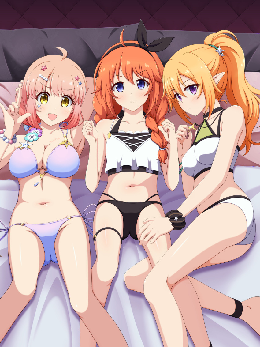 3girls, absurdres, ahoge, ankle_strap, bead_bracelet, beads, bikini, black_bikini