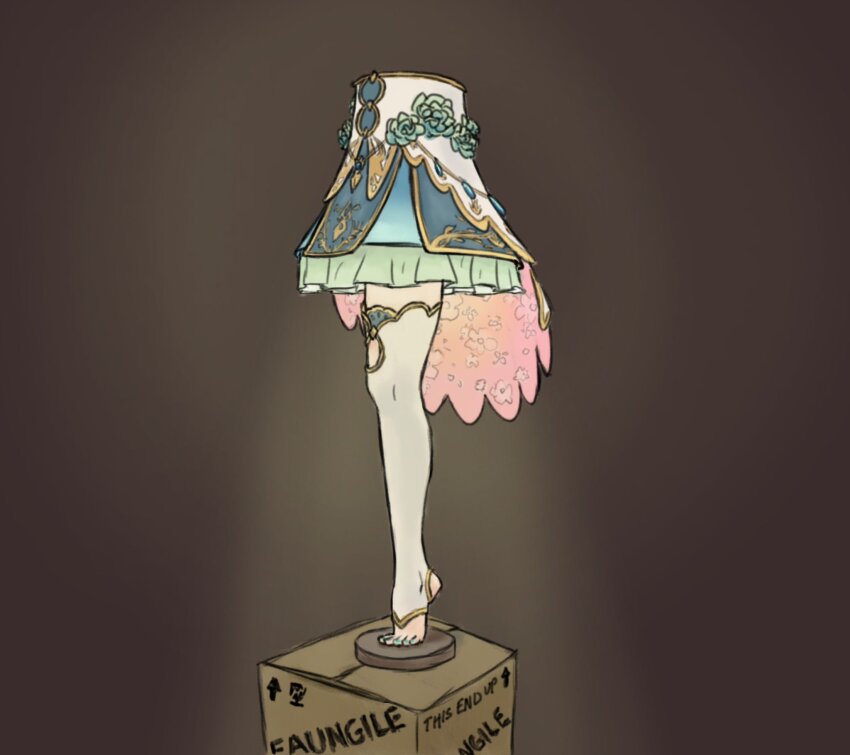 0nasian, a_christmas_story, box, brown_background, cardboard_box, ceres_fauna, commentary, english_commentary, english_text, highres, hololive, hololive_english, lamp, legs, nail_polish, no_humans, object_focus, objectification, plantar_flexion, simple_background, stirrup_legwear, thighhighs, toeless_legwear, toenail_polish, toenails, virtual_youtuber