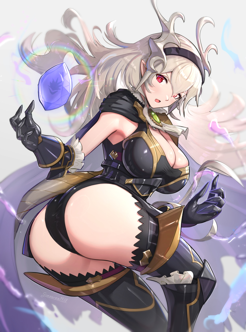 1girl, absurdres, armor, armored_leotard, ass, black_cape, black_gauntlets, black_gloves, black_hairband, black_leotard, black_thighhighs, breasts, cape, cleavage, female_corrin_(fire_emblem), female_corrin_(nohr_noble)_(fire_emblem), double-parted_bangs, dragon_girl, dragon_horns, dragon_tail, fire_emblem, fire_emblem_fates, floating_gem, gloves, gonzarez, greaves, grey_hair, hair_between_eyes, hairband, highres, horns, large_breasts, leotard, long_hair, looking_at_viewer, nintendo, open_mouth, pointy_ears, red_eyes, revision, signature, solo, tail, thighhighs, wavy_hair