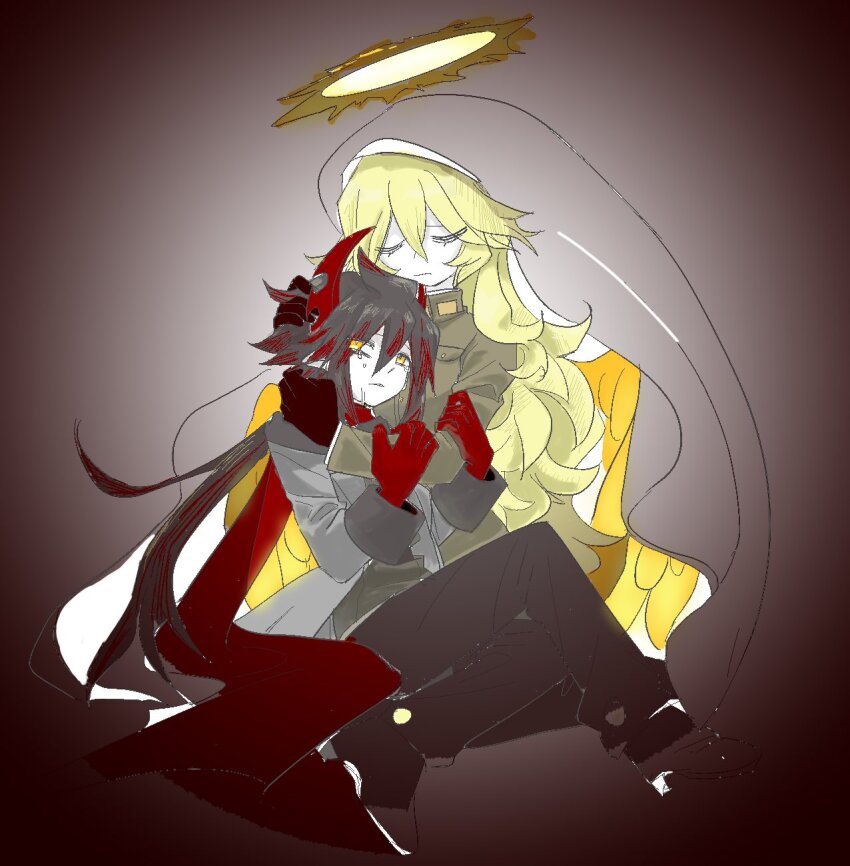 angel, angel_wings, black_hair, blonde_hair, brother_and_sister, demon_boy, demon_horns, funamusea