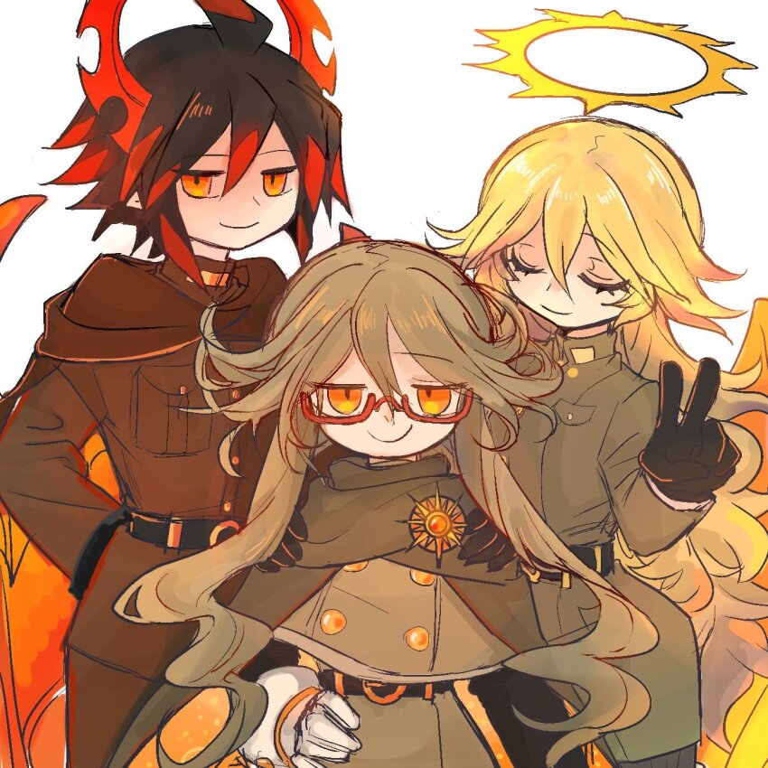 1girl, 2boys, angel, angel_wings, black_hair, blonde_hair, demon_boy, demon_horns