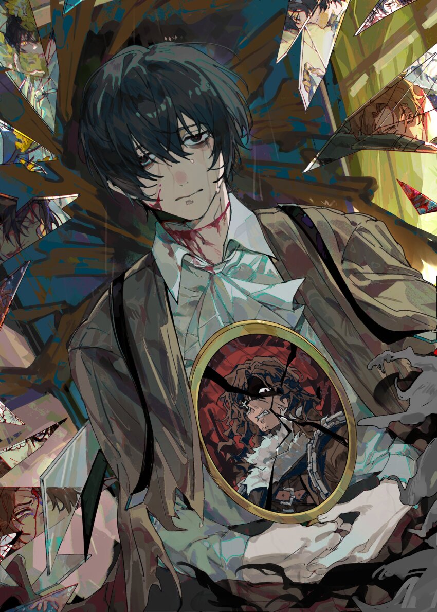 2boys, absurdres, ascot, bags_under_eyes, baihuahua5441, black_eyes, black_hair, blood