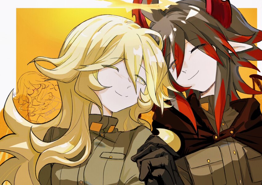 1girl, 2boys, angel, black_hair, blonde_hair, demon_boy, demon_horns, funamusea