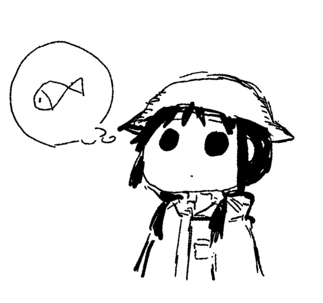 1girl, brodie_helmet, chito_(shoujo_shuumatsu_ryokou), closed_mouth, coat, combat_helmet, dot_mouth, expressionless, greyscale, helmet, hood, hood_down, hooded_coat, image_in_thought_bubble, long_sleeves, low_twintails, monochrome, owouwuwow, shoujo_shuumatsu_ryokou, sidelocks, simple_background, solid_eyes, solo, speech_bubble, thought_bubble, twintails, white_background