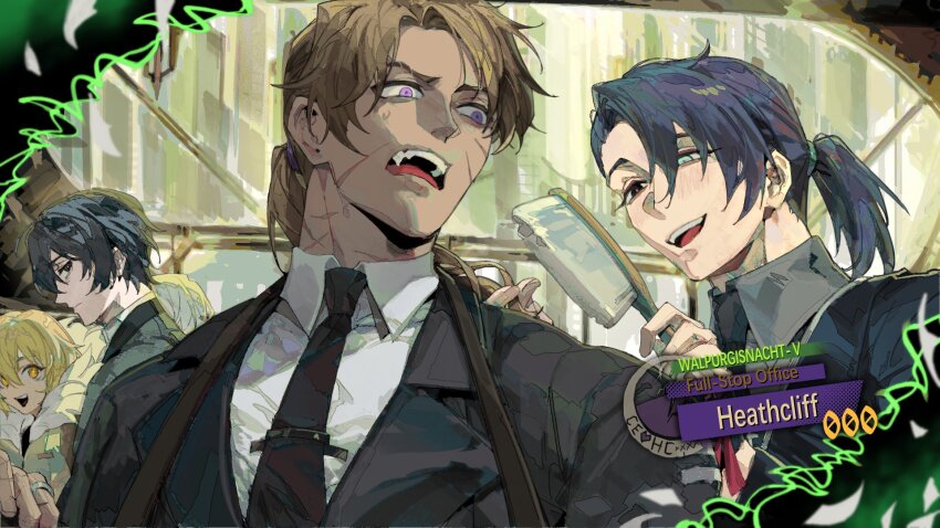 2girls, 3boys, baihuahua5441, black_eyes, black_hair, black_jacket, black_necktie, blonde_hair